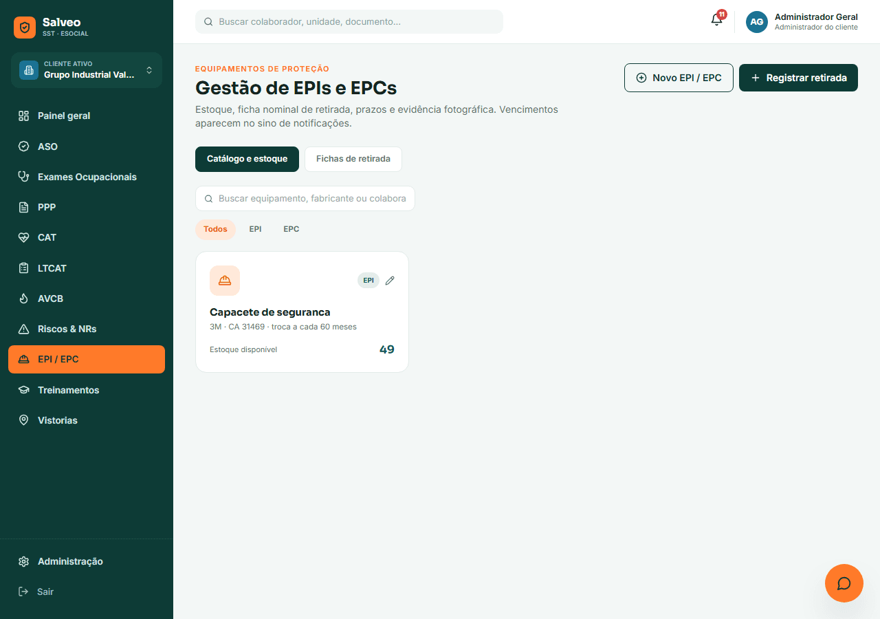 Gestão de EPIs e EPCs do Salveo